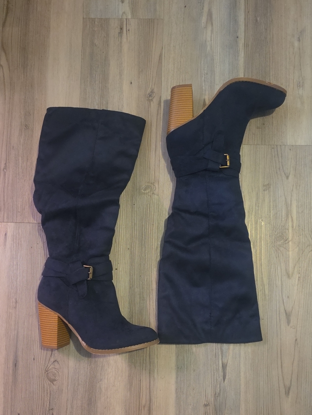 Women's Navy Suede Knee-High Block Heel Boots. Sora